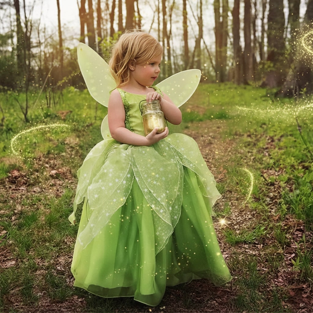 Girls' Halloween Fairy Costume Dress with Wings Tiara Wand and Gloves for Children's Outfit and Party - Image 2
