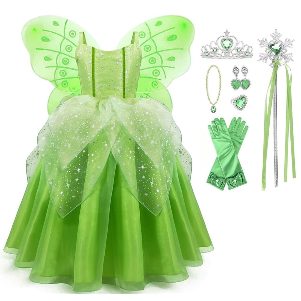 Girls' Halloween Fairy Costume Dress with Wings Tiara Wand and Gloves for Children's Outfit and Party - Image 3