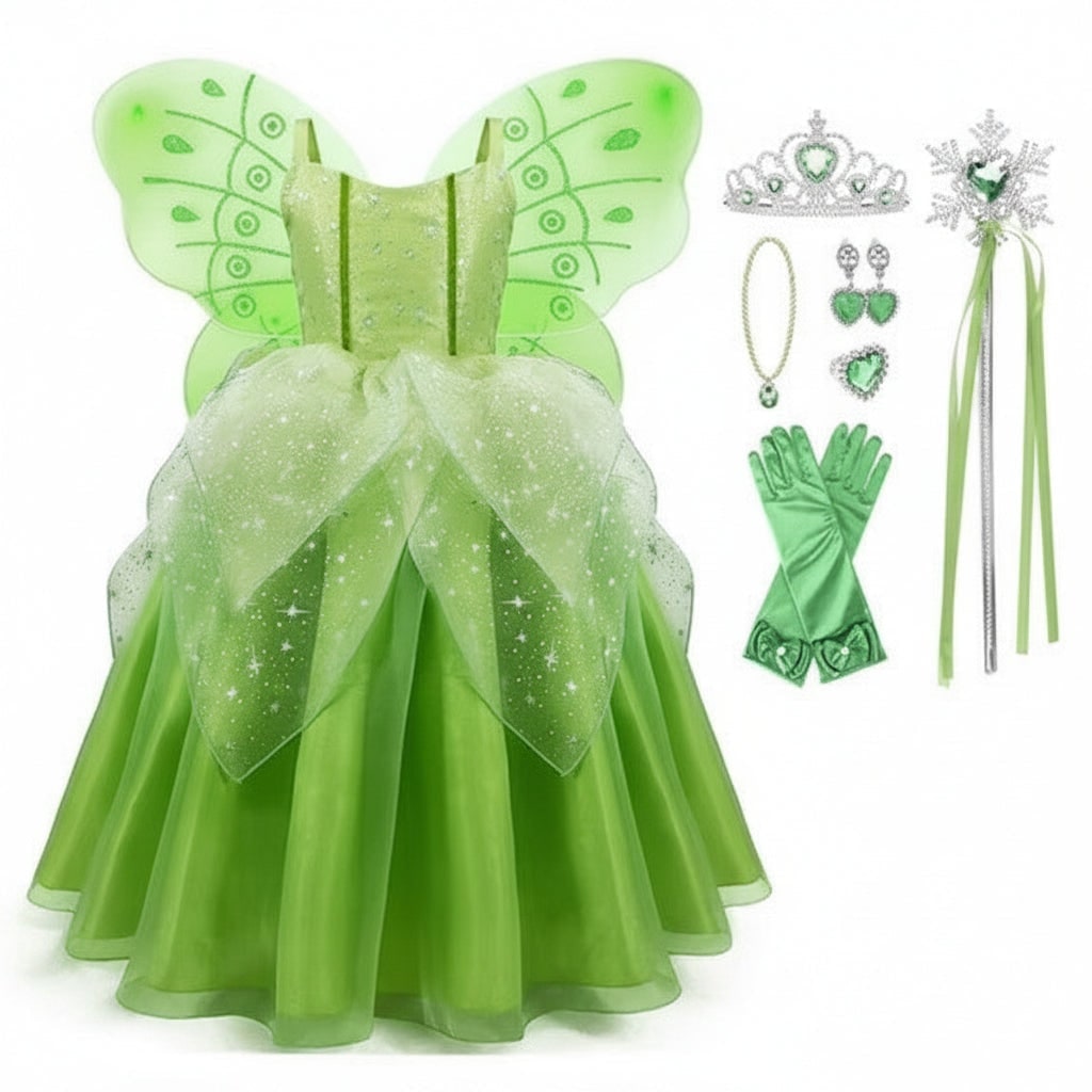 Girls' Halloween Fairy Costume Dress with Wings Tiara Wand and Gloves for Children's Outfit and Party - Image 5