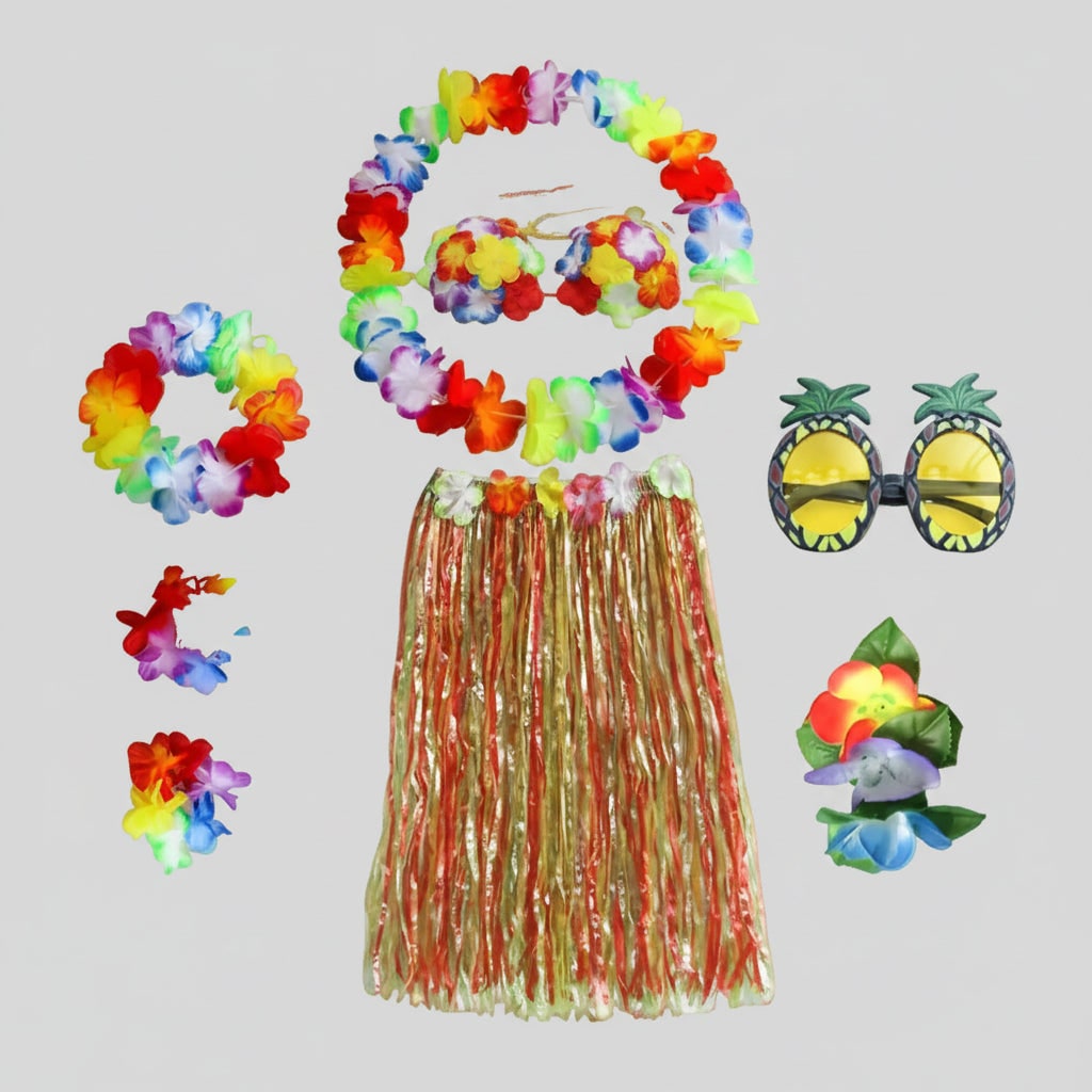 Girls' Halloween Group of Four Hula Skirt Costume Set with Grass Flower Lei Headband and Wristbands - Image 1