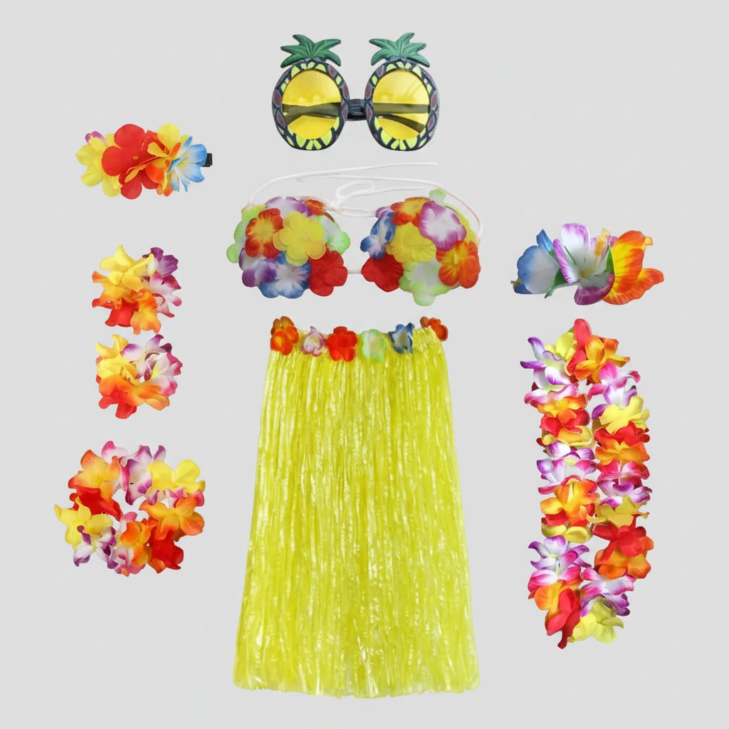 Girls' Halloween Group of Four Hula Skirt Costume Set with Grass Flower Lei Headband and Wristbands - Image 10