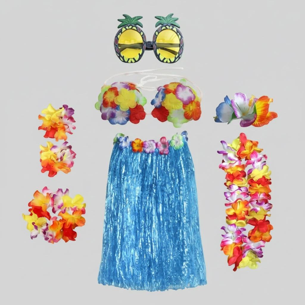 Girls' Halloween Group of Four Hula Skirt Costume Set with Grass Flower Lei Headband and Wristbands - Image 11
