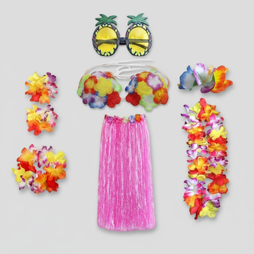 Girls' Halloween Group of Four Hula Skirt Costume Set with Grass Flower Lei Headband and Wristbands - Image 12