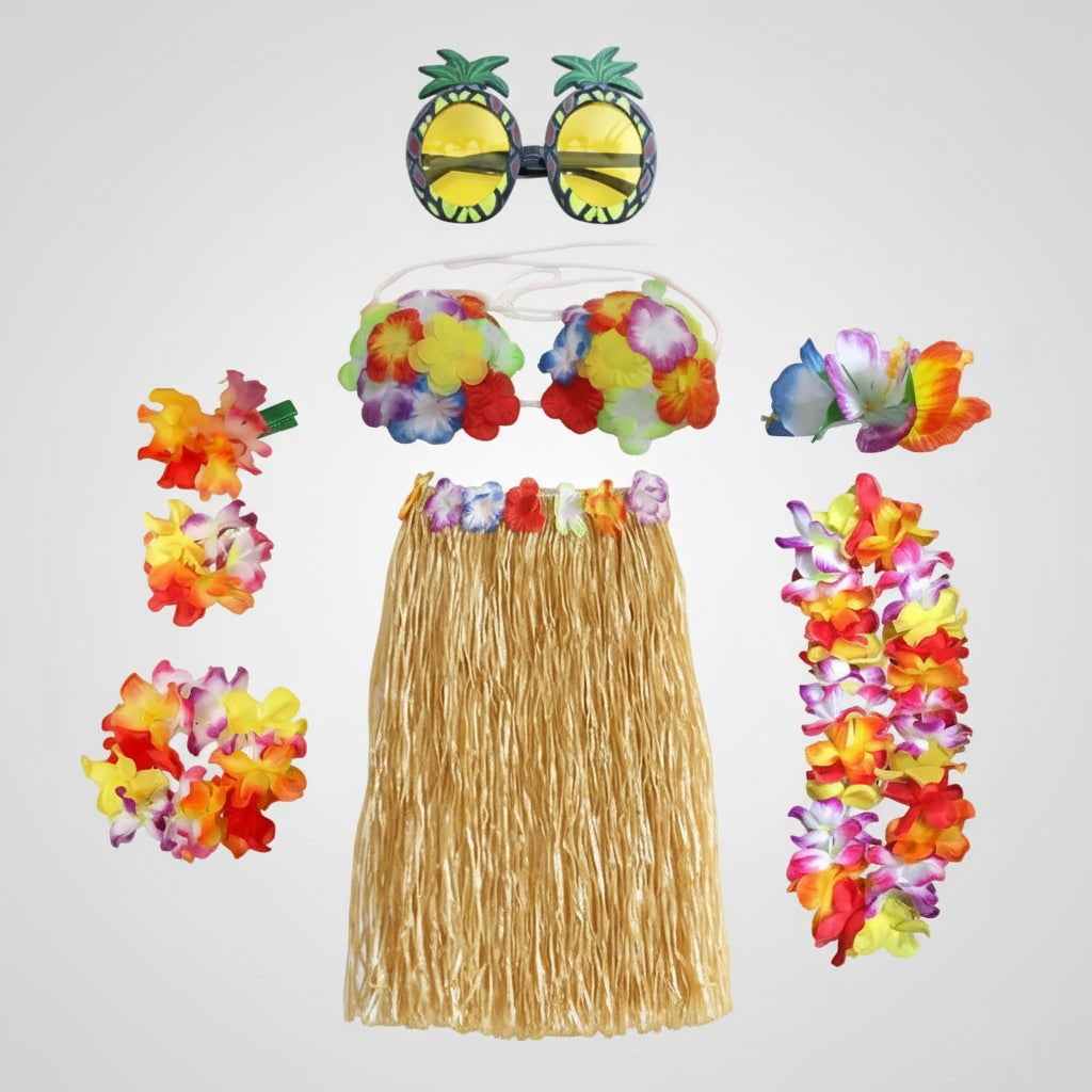 Girls' Halloween Group of Four Hula Skirt Costume Set with Grass Flower Lei Headband and Wristbands - Image 13
