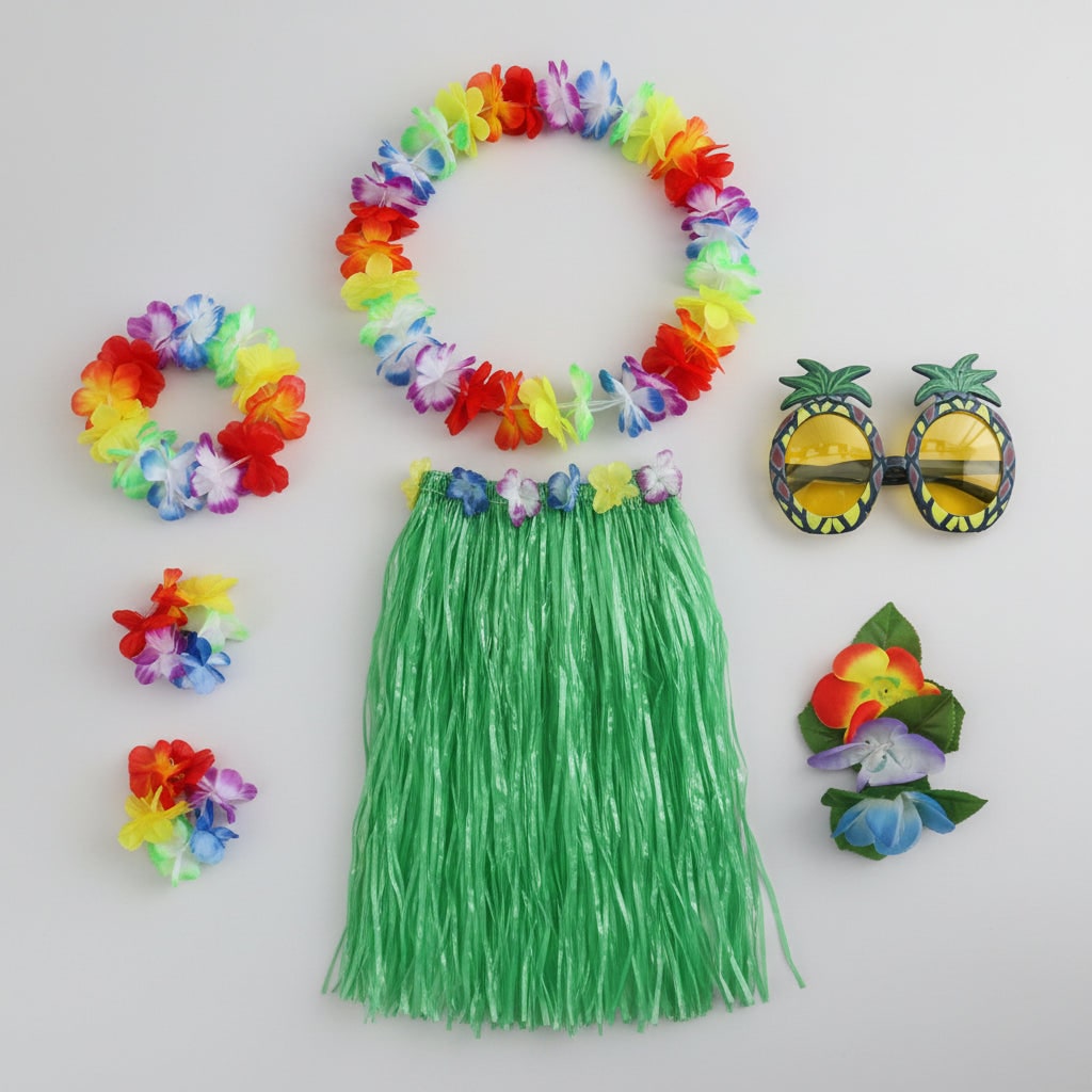 Girls' Halloween Group of Four Hula Skirt Costume Set with Grass Flower Lei Headband and Wristbands - Image 2