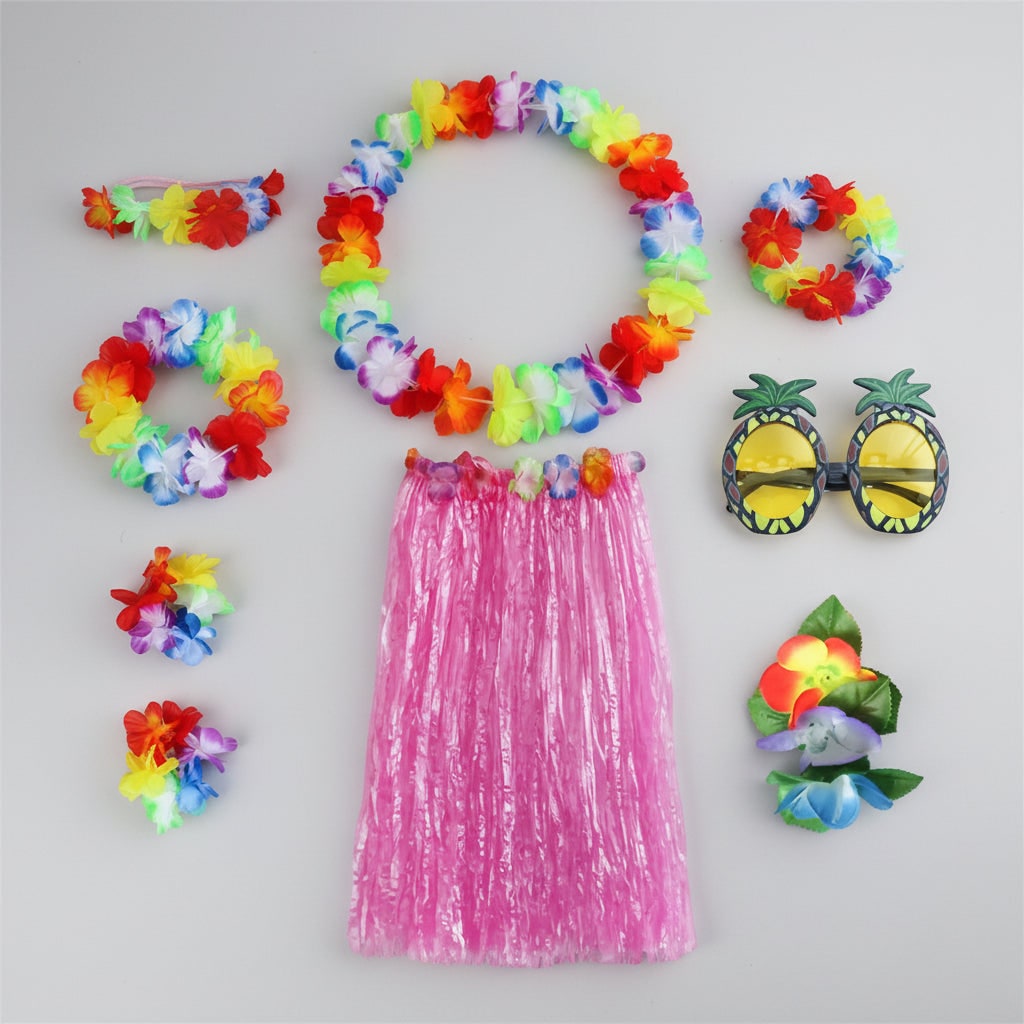 Girls' Halloween Group of Four Hula Skirt Costume Set with Grass Flower Lei Headband and Wristbands - Image 3