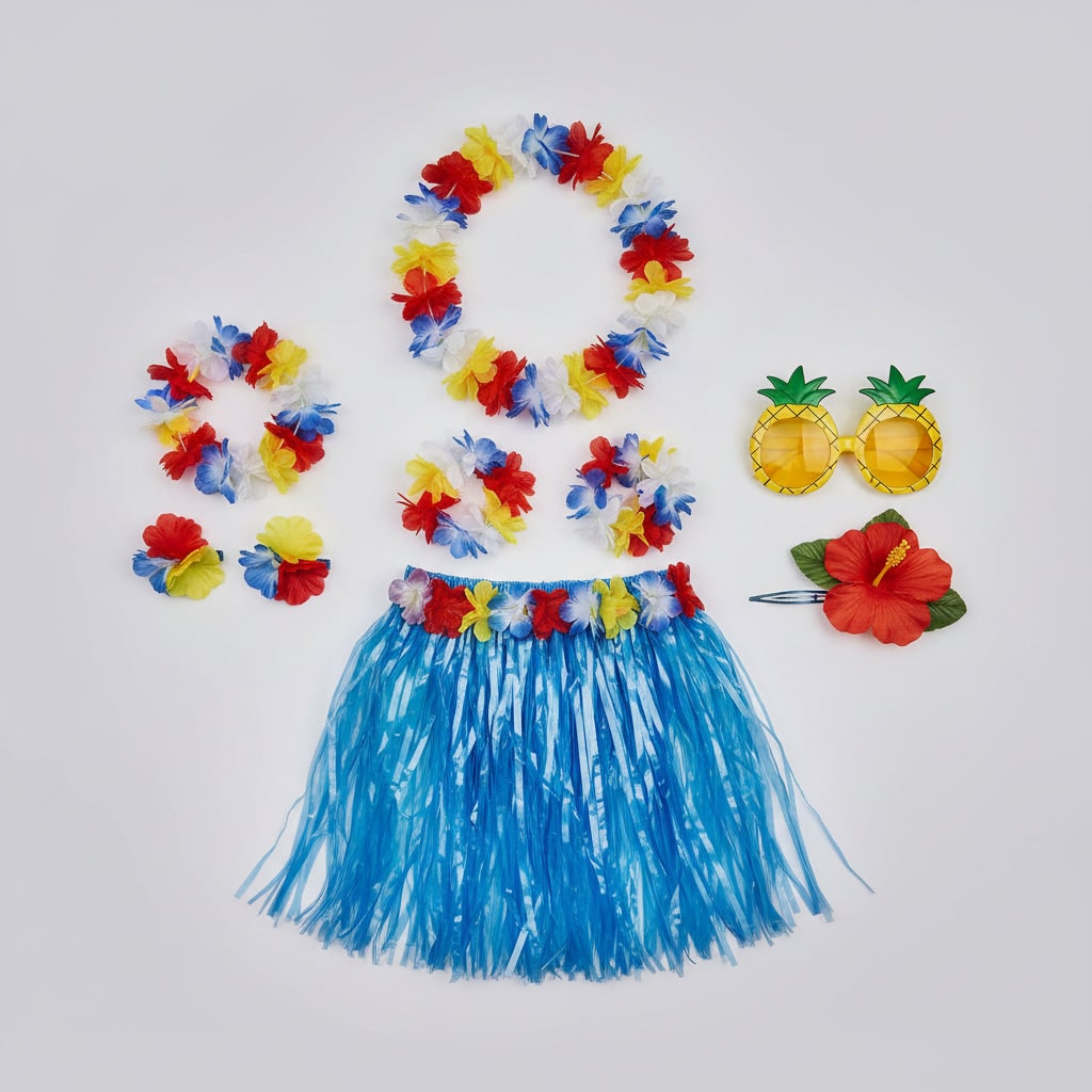 Girls' Halloween Group of Four Hula Skirt Costume Set with Grass Flower Lei Headband and Wristbands - Image 4