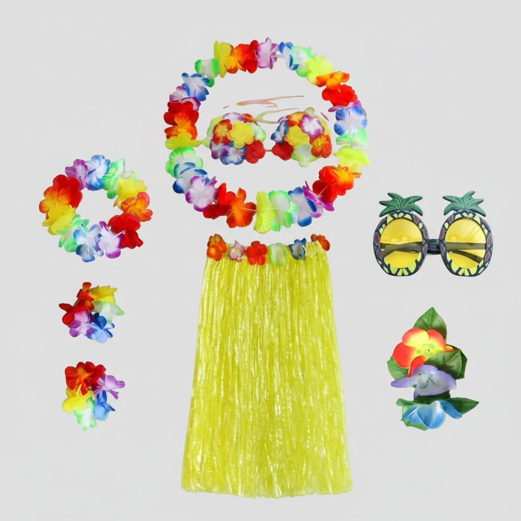 Girls' Halloween Group of Four Hula Skirt Costume Set with Grass Flower Lei Headband and Wristbands - Image 5