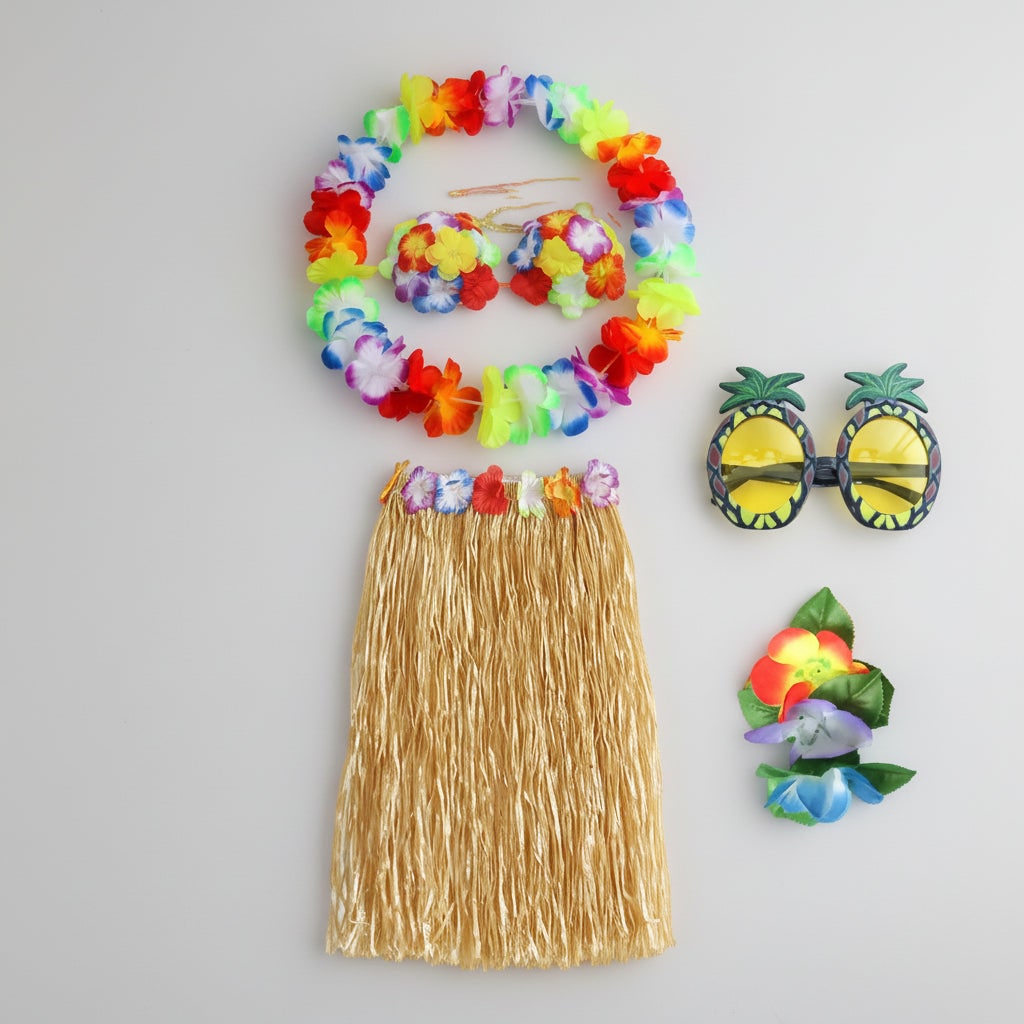 Girls' Halloween Group of Four Hula Skirt Costume Set with Grass Flower Lei Headband and Wristbands - Image 6