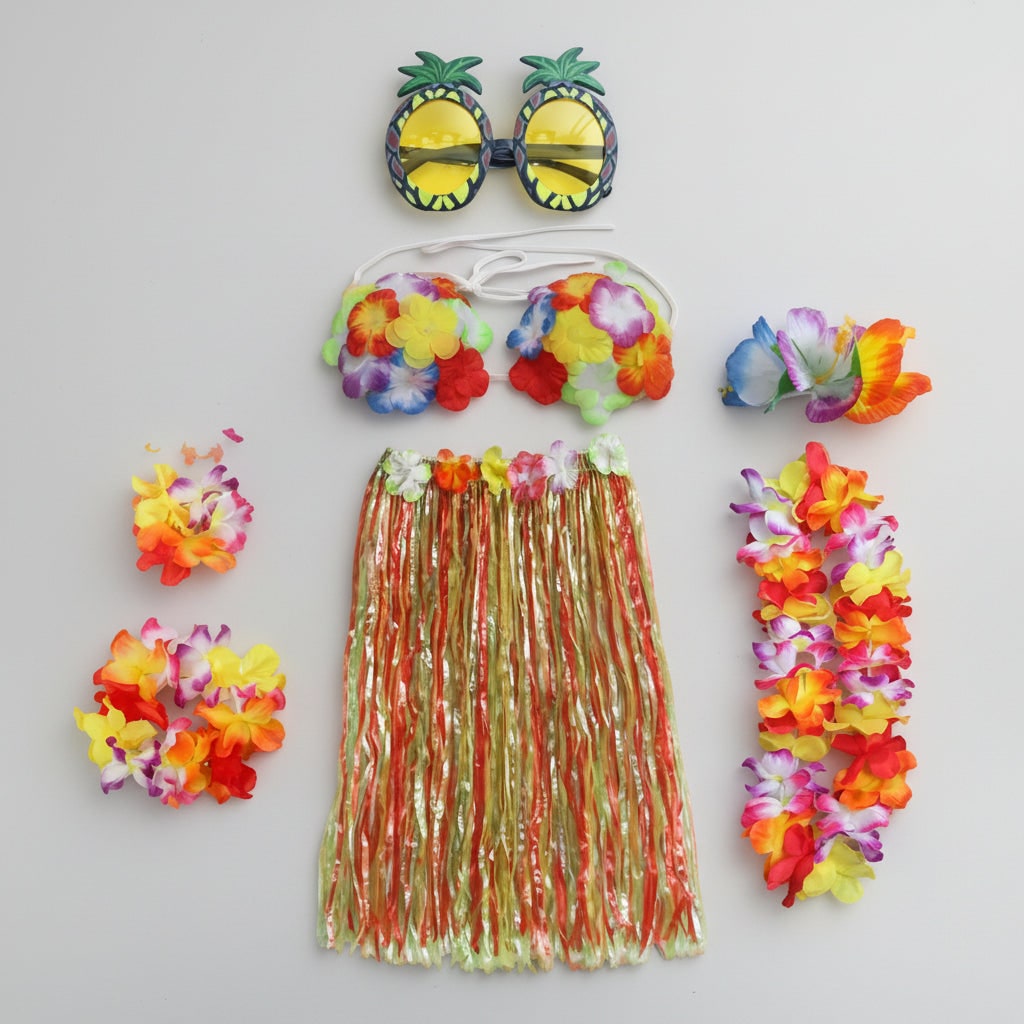 Girls' Halloween Group of Four Hula Skirt Costume Set with Grass Flower Lei Headband and Wristbands - Image 7