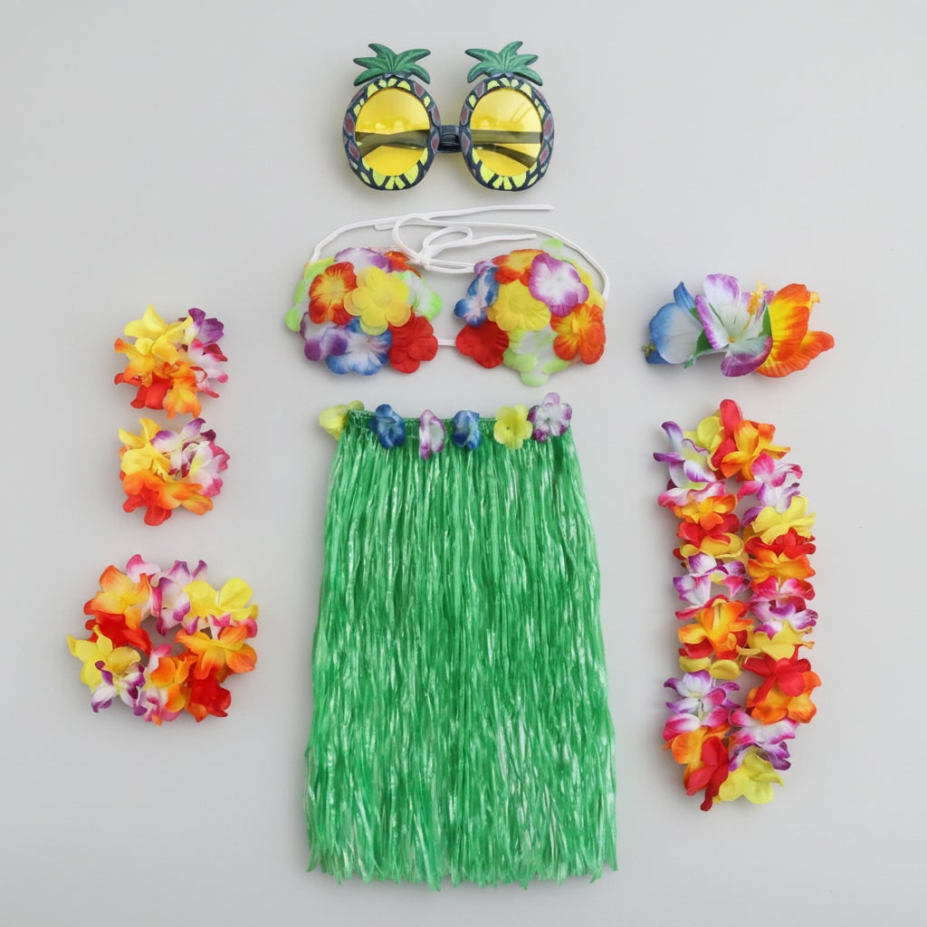 Girls' Halloween Group of Four Hula Skirt Costume Set with Grass Flower Lei Headband and Wristbands - Image 8