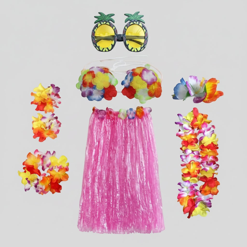 Girls' Halloween Group of Four Hula Skirt Costume Set with Grass Flower Lei Headband and Wristbands - Image 9