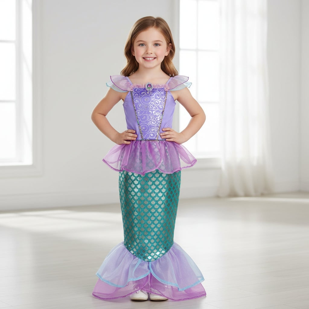 Girls' Halloween Mermaid Costume Outfit with Accessories for Dress-Up Party Ariel - Image 1