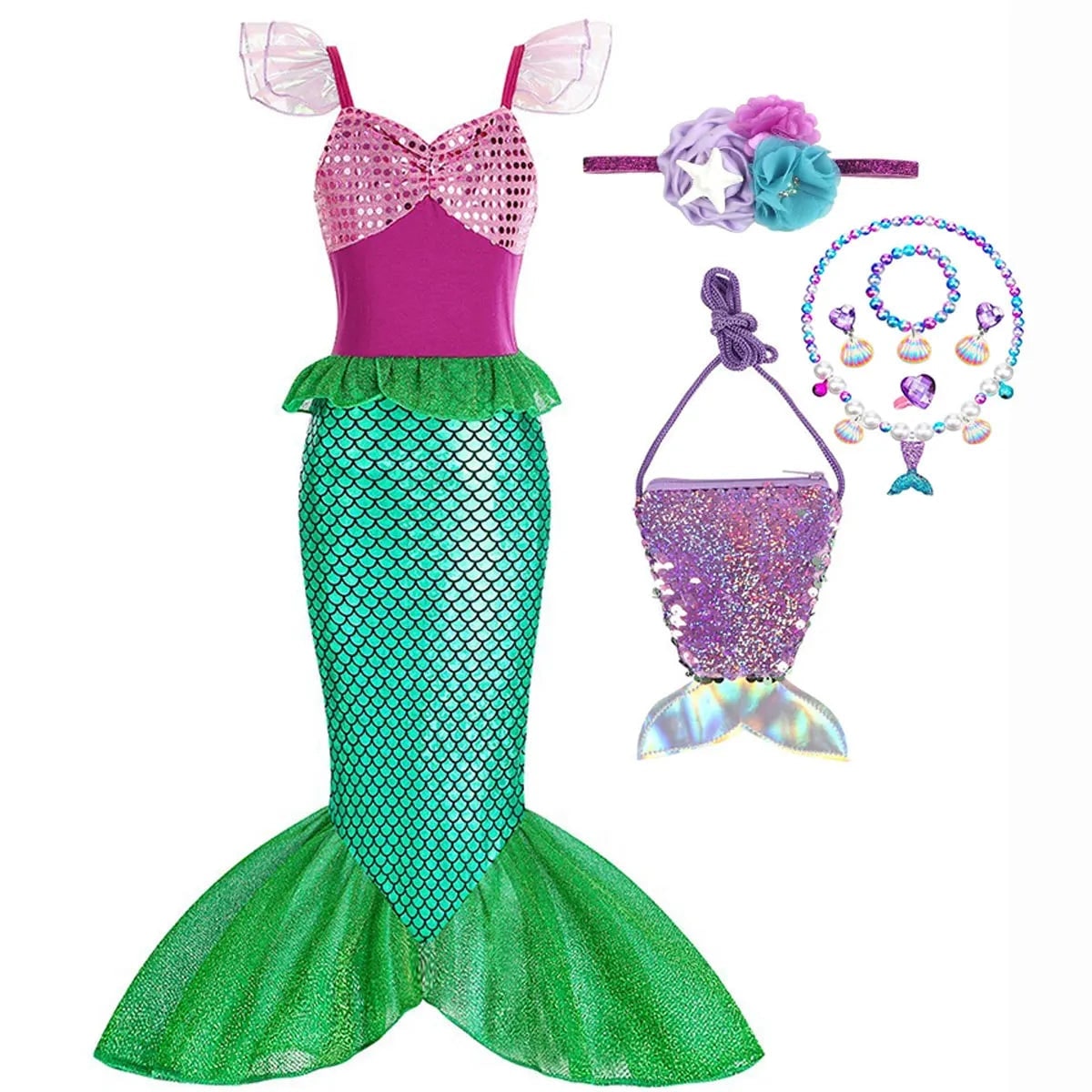 Girls' Halloween Mermaid Costume Outfit with Accessories for Dress-Up Party Ariel - Image 12