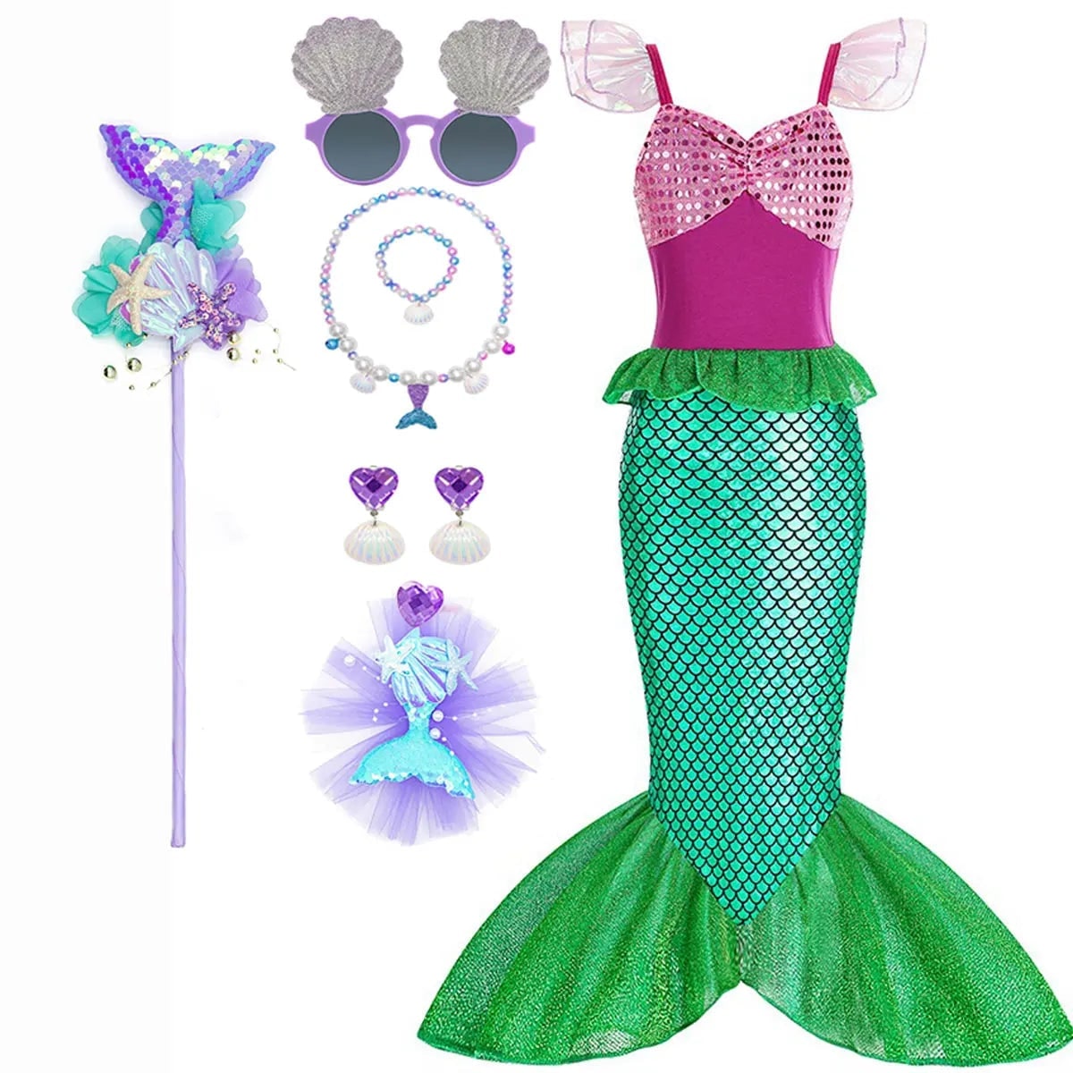 Girls' Halloween Mermaid Costume Outfit with Accessories for Dress-Up Party Ariel - Image 14