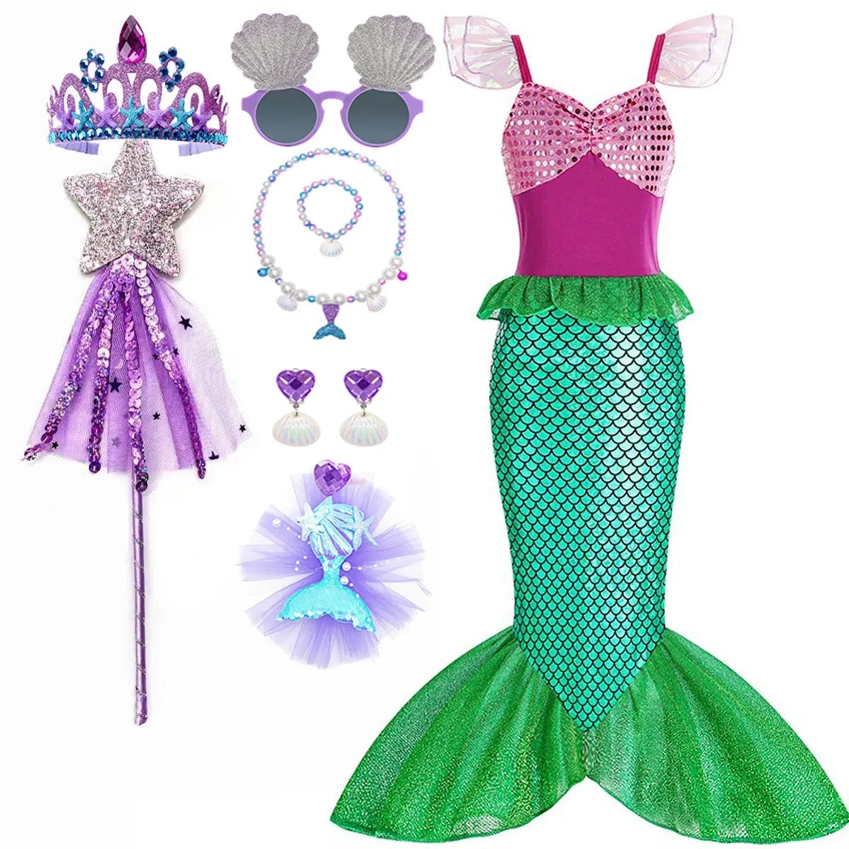 Girls' Halloween Mermaid Costume Outfit with Accessories for Dress-Up Party Ariel - Image 15