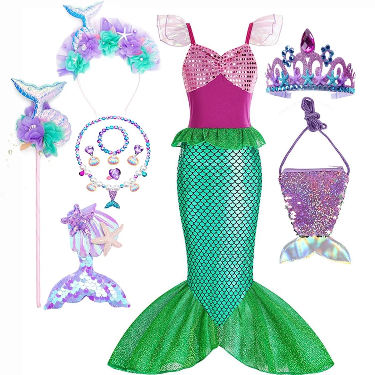 Girls' Halloween Mermaid Costume Outfit with Accessories for Dress-Up Party Ariel - Image 16