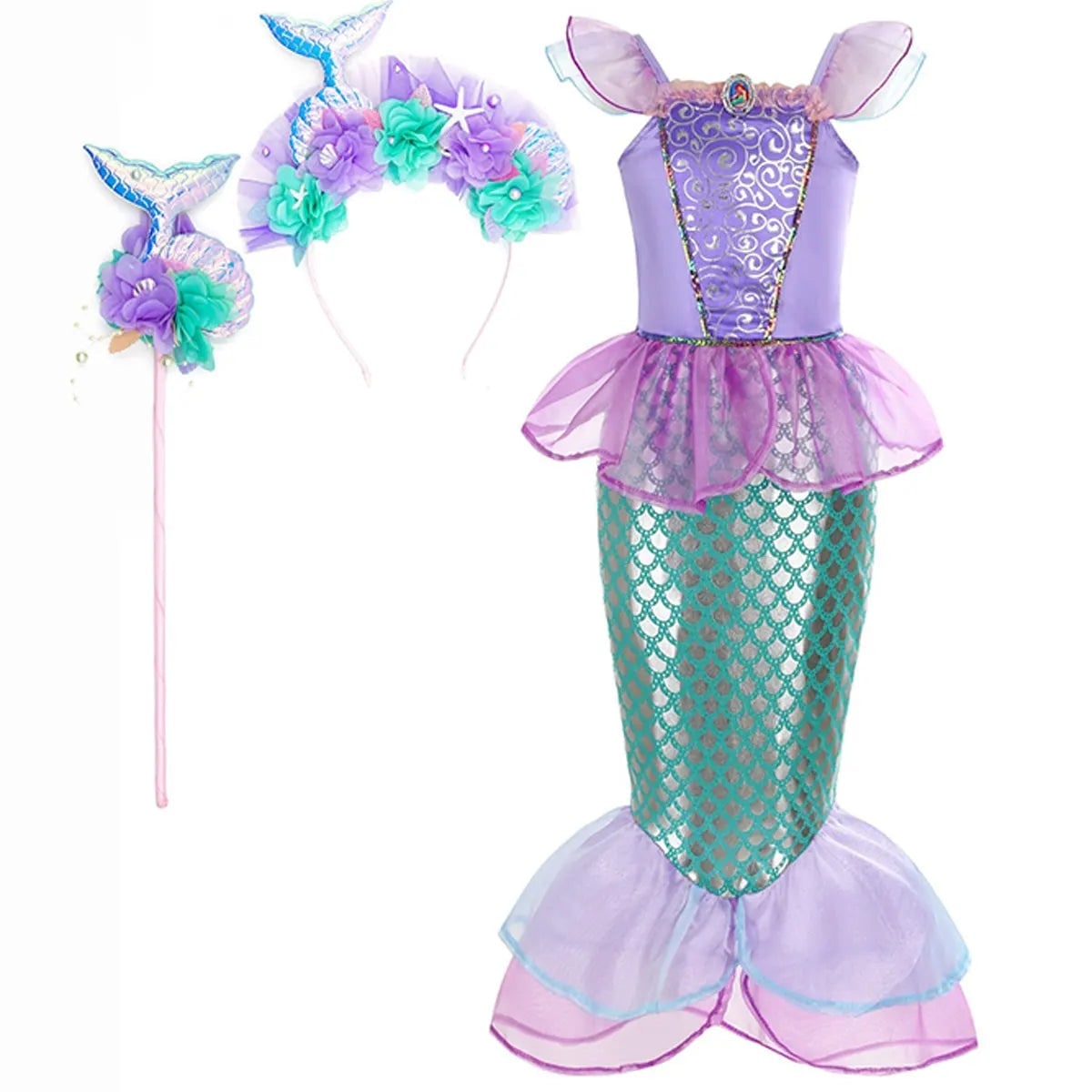 Girls' Halloween Mermaid Costume Outfit with Accessories for Dress-Up Party Ariel - Image 4