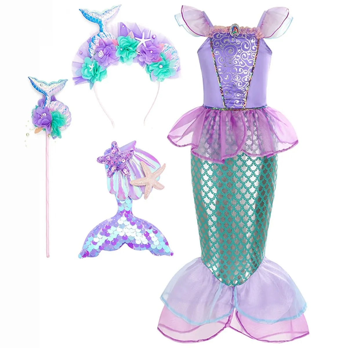 Girls' Halloween Mermaid Costume Outfit with Accessories for Dress-Up Party Ariel - Image 5