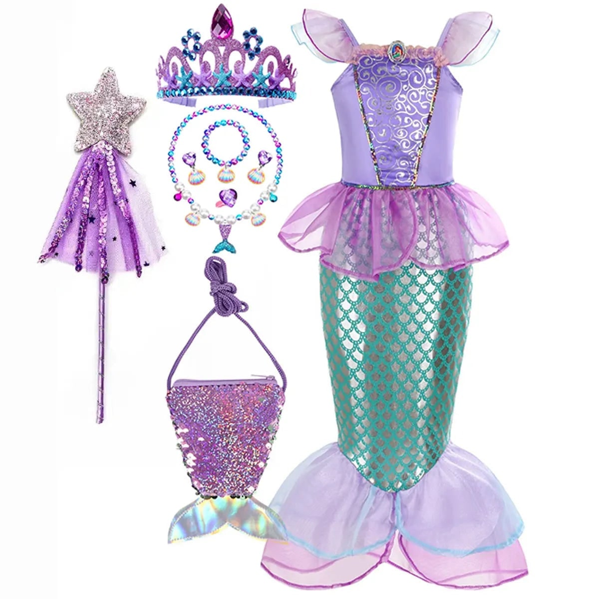 Girls' Halloween Mermaid Costume Outfit with Accessories for Dress-Up Party Ariel - Image 6