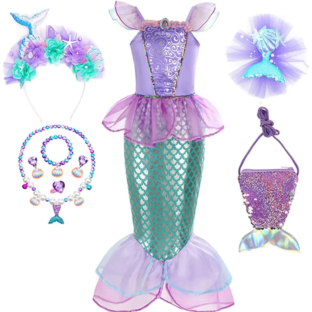 Girls' Halloween Mermaid Costume Outfit with Accessories for Dress-Up Party Ariel - Image 7