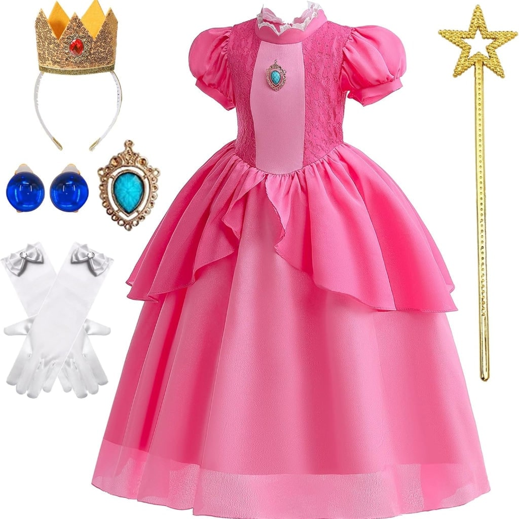 Girls' Halloween mushroom princess and Toadstool Costume Dress Set with Crown Gloves and Wand - Image 9