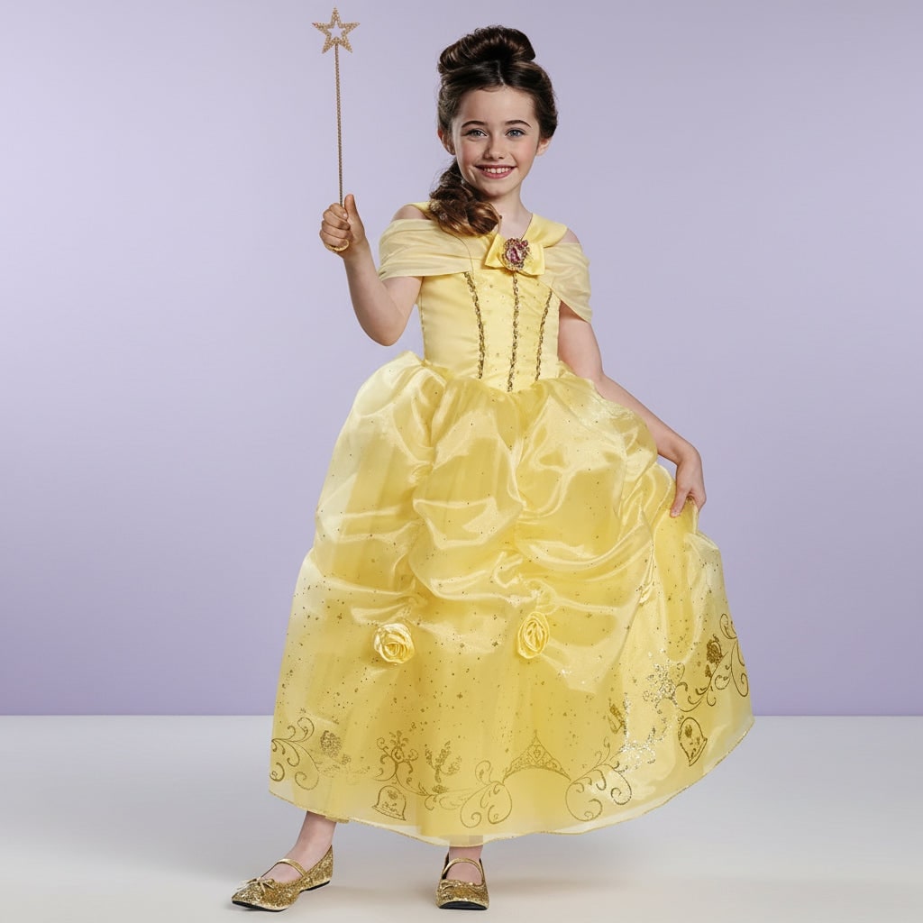 Girls' Halloween Princess Costume Dress with Gold Sequin Bodice and Star Wand - Image 3