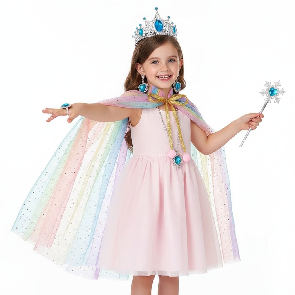 Girls' Halloween Princess Dress Up Clothes for Children with Cape Tiara and Accessories Set - Image 1