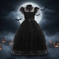 Girls' Wednesday Halloween Costume with Tiered Tulle Dress and Accessories - Image 1