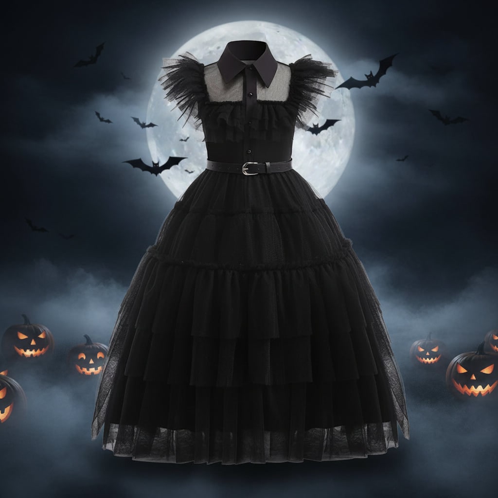 Girls' Wednesday Halloween Costume with Tiered Tulle Dress and Accessories - Image 1