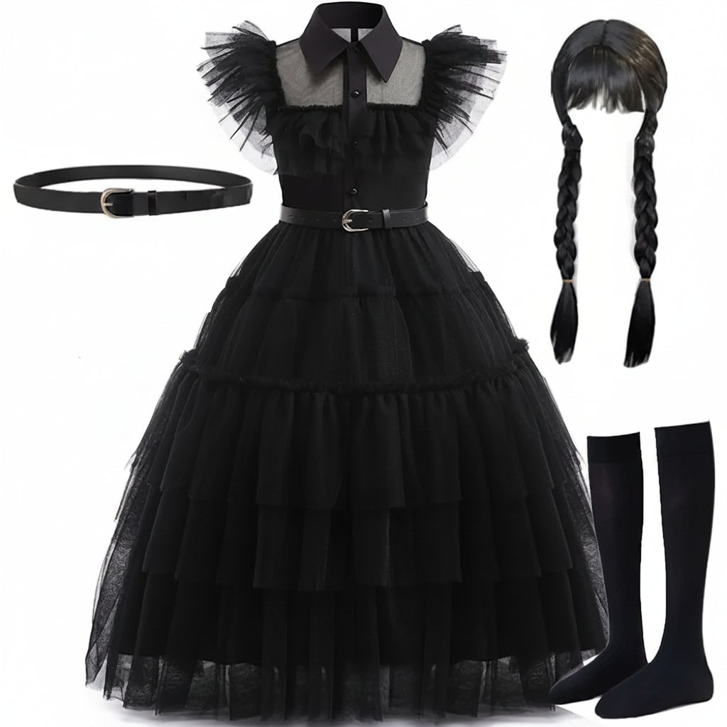 Girls' Wednesday Halloween Costume with Tiered Tulle Dress and Accessories - Image 2