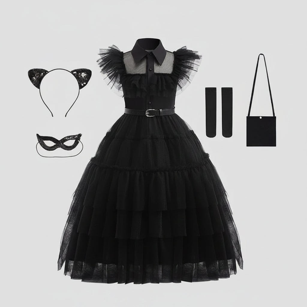 Girls' Wednesday Halloween Costume with Tiered Tulle Dress and Accessories - Image 3