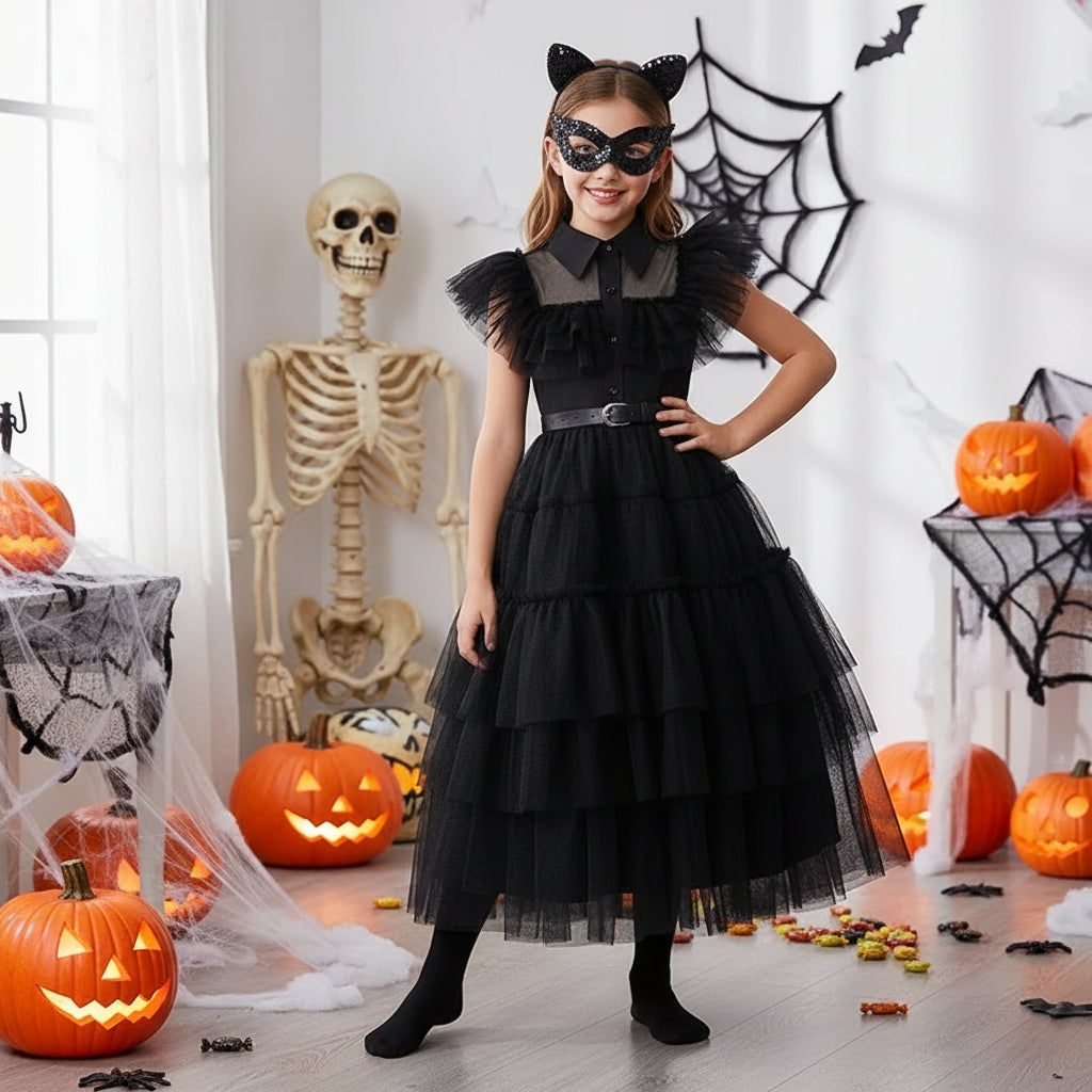Girls' Wednesday Halloween Costume with Tiered Tulle Dress and Accessories - Image 4