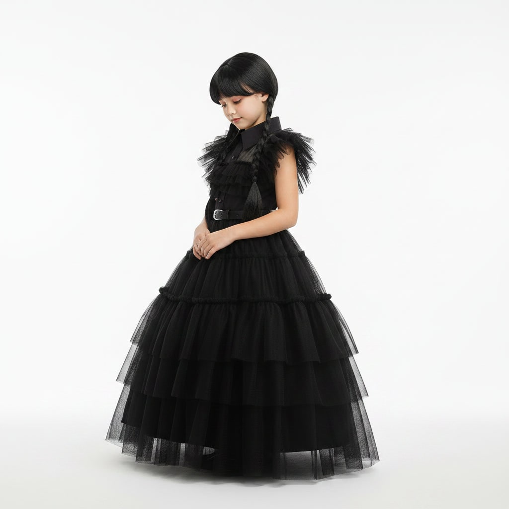 Girls' Wednesday Halloween Costume with Tiered Tulle Dress and Accessories - Image 5
