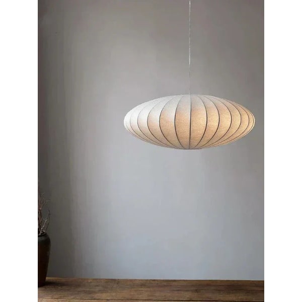 Gold Plated Drum Pendant Light Fixture with Silk Saucer Shade and Mid Century Modern Design - Image 1