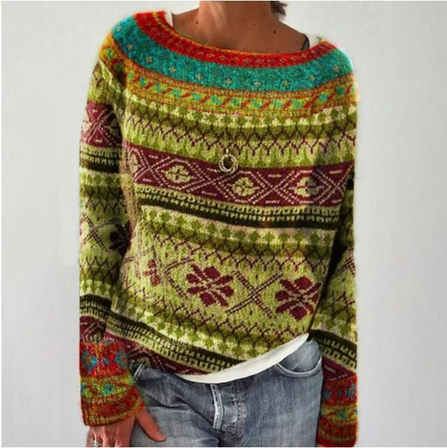 Women’s Norwegian Print Sweater Retro Casual Long Sleeve Top