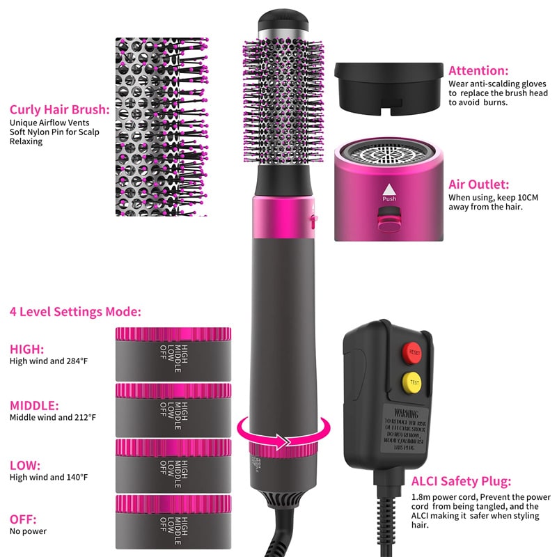 Hair Dryer Brush with 5 Interchangeable Attachments Blow Dry Styling Tool Detangling - Image 4