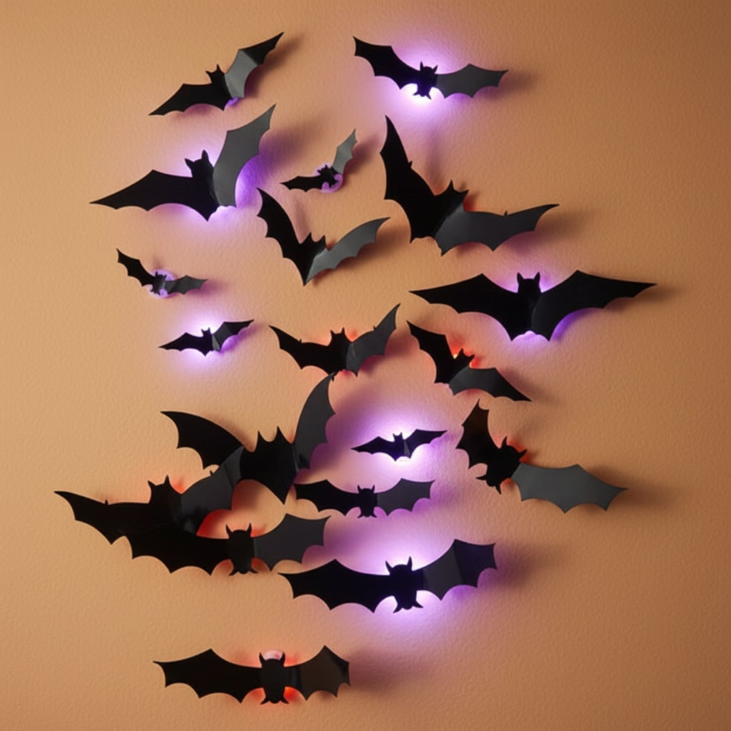Halloween 3D Bat Wall Decals with LED Lights and Peel and Stick Art Clings for Spooky - Image 1