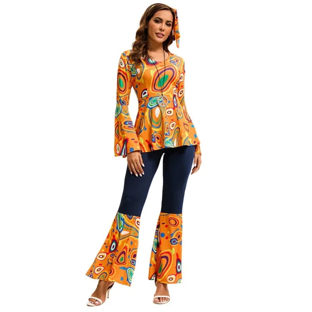 Halloween 70s Costume Hippie Bell Bottom Set with Headband and Psychedelic Print - Image 1