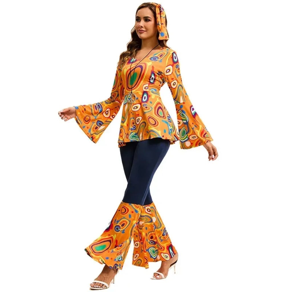 Halloween 70s Costume Hippie Bell Bottom Set with Headband and Psychedelic Print - Image 2