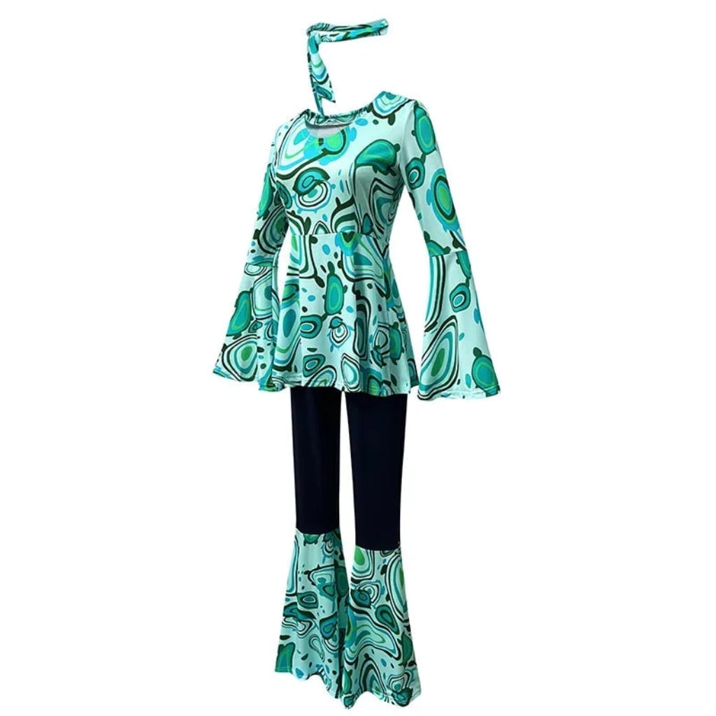 Halloween 70s Costume Hippie Bell Bottom Set with Headband and Psychedelic Print - Image 3