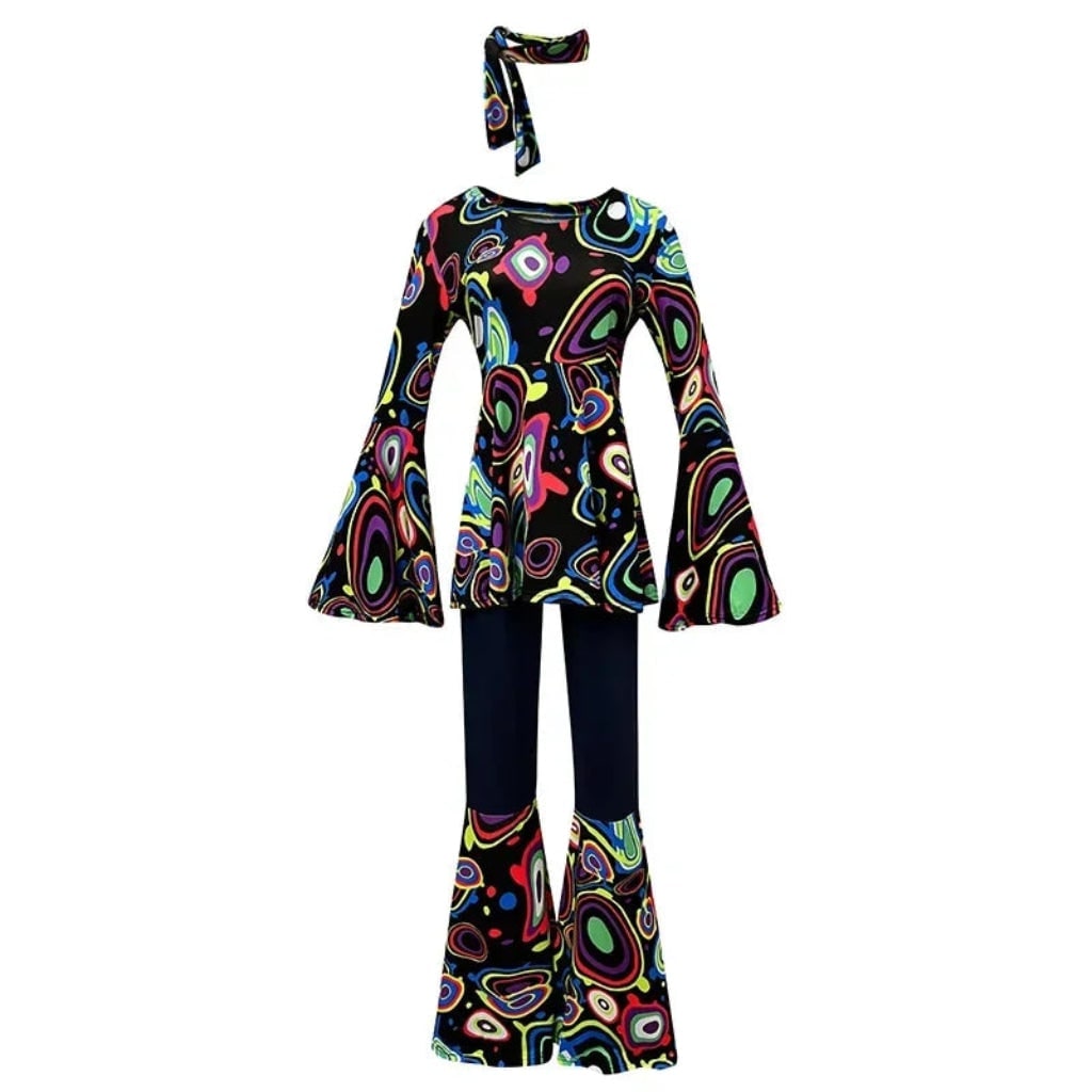 Halloween 70s Costume Hippie Bell Bottom Set with Headband and Psychedelic Print - Image 4