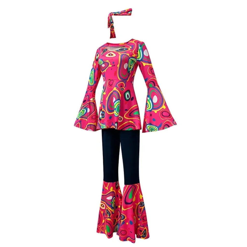 Halloween 70s Costume Hippie Bell Bottom Set with Headband and Psychedelic Print - Image 6