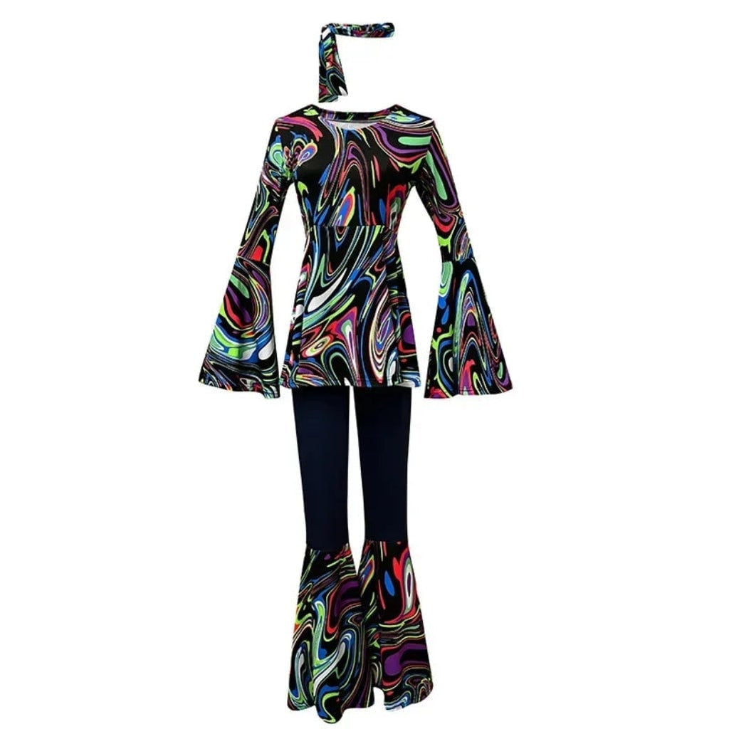 Halloween 70s Costume Hippie Bell Bottom Set with Headband and Psychedelic Print - Image 7