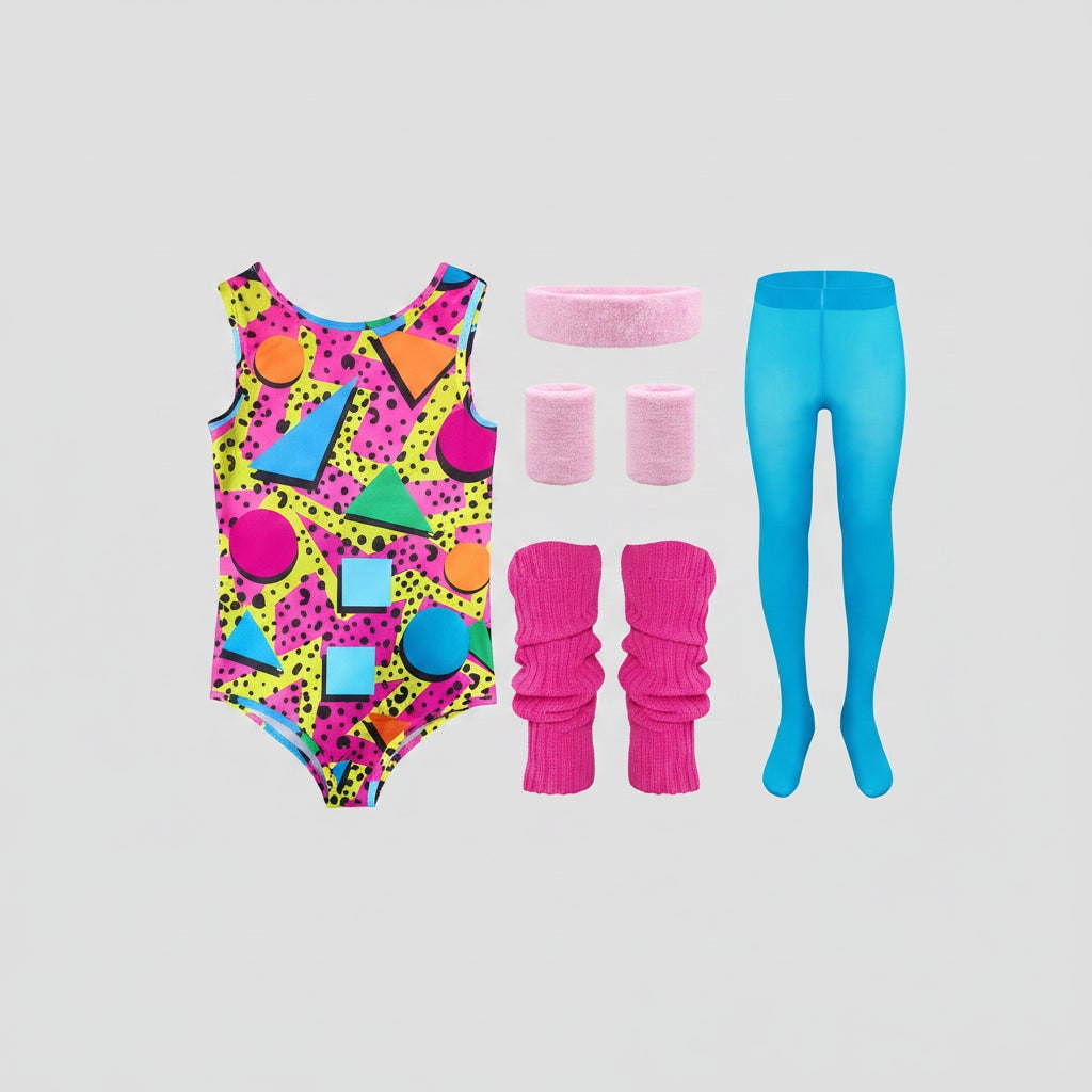 Halloween 80s Costume Party Outfit Workout Aerobics Leotard with Leg Warmers Headband and Wristbands - Image 1