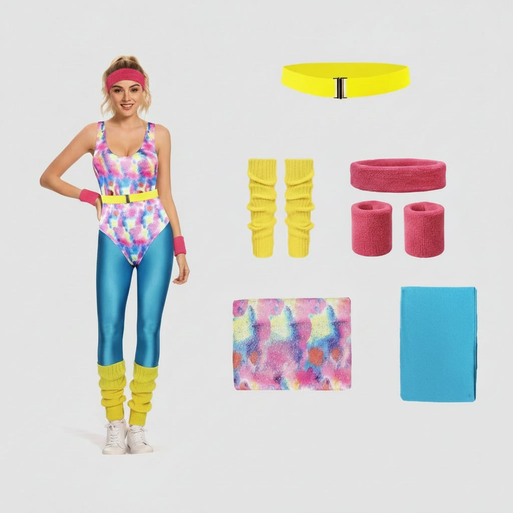 Halloween 80s Costume Party Outfit Workout Aerobics Leotard with Leg Warmers Headband and Wristbands - Image 3