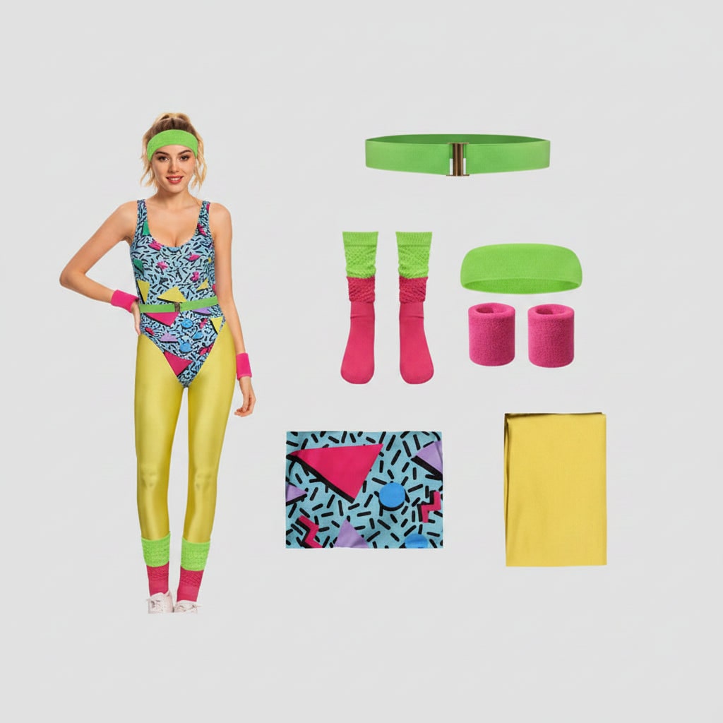 Halloween 80s Costume Party Outfit Workout Aerobics Leotard with Leg Warmers Headband and Wristbands - Image 4