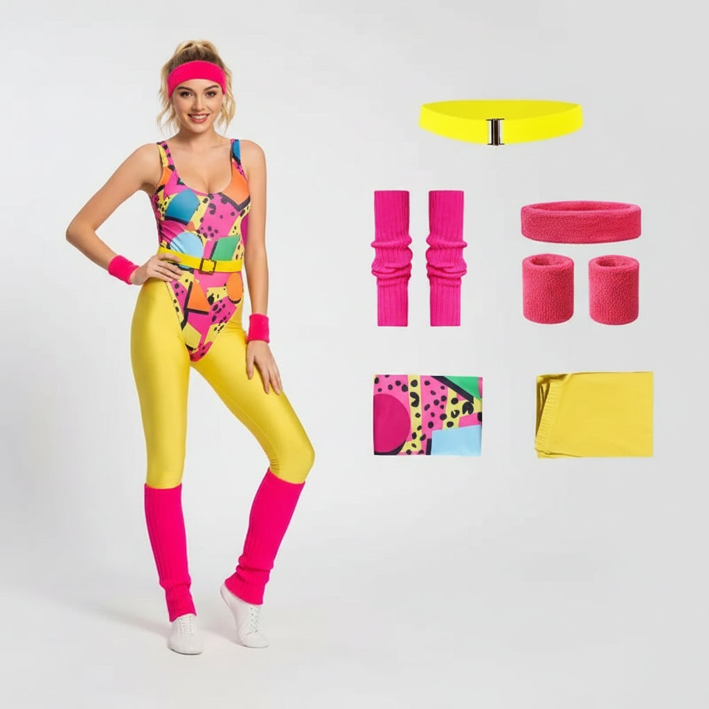 Halloween 80s Costume Party Outfit Workout Aerobics Leotard with Leg Warmers Headband and Wristbands - Image 6