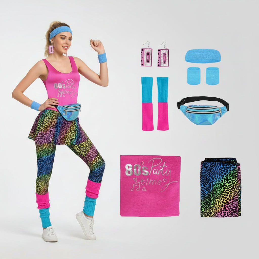 Halloween 80s Costume Party Outfit Workout Aerobics Leotard with Leg Warmers Headband and Wristbands - Image 8