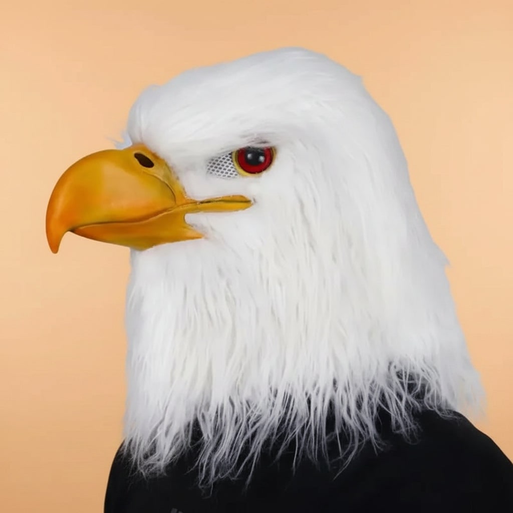 Halloween Animal Head Mask with Bald Eagle Design White Faux Fur and Yellow Beak for Party Costume - Image 2